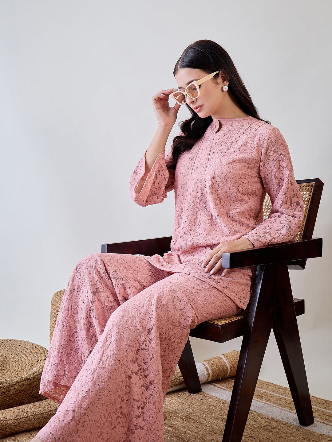 The Kaftan Company Co-ord Pink Sheer Embroidered Lace Cord Set
