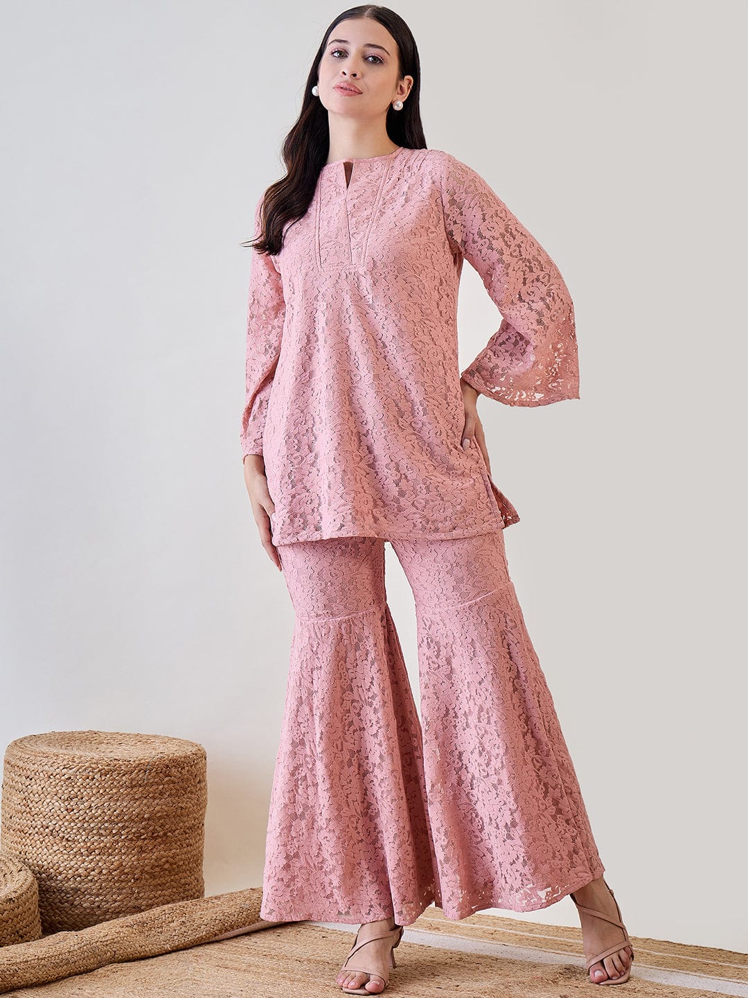 The Kaftan Company Co-ord Pink Sheer Embroidered Lace Cord Set