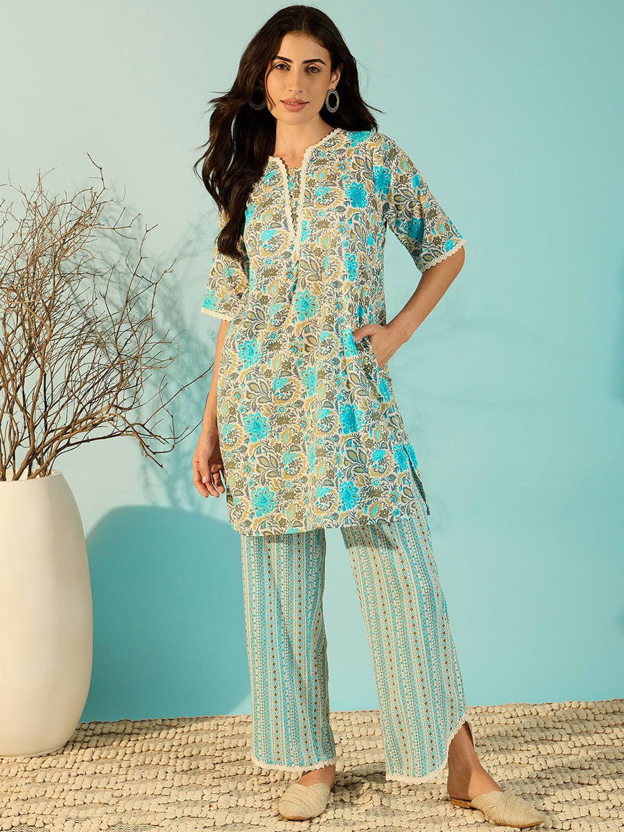 Sky Blue floral pure cotton co-ord set
