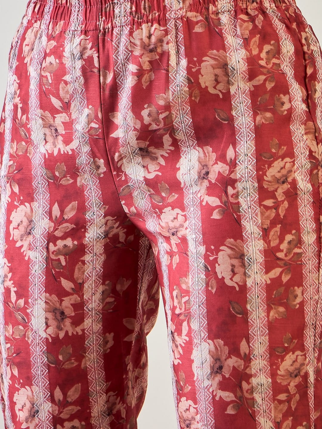 The Kaftan Company Co-ord Red Floral Striped Lurex Co ord Set