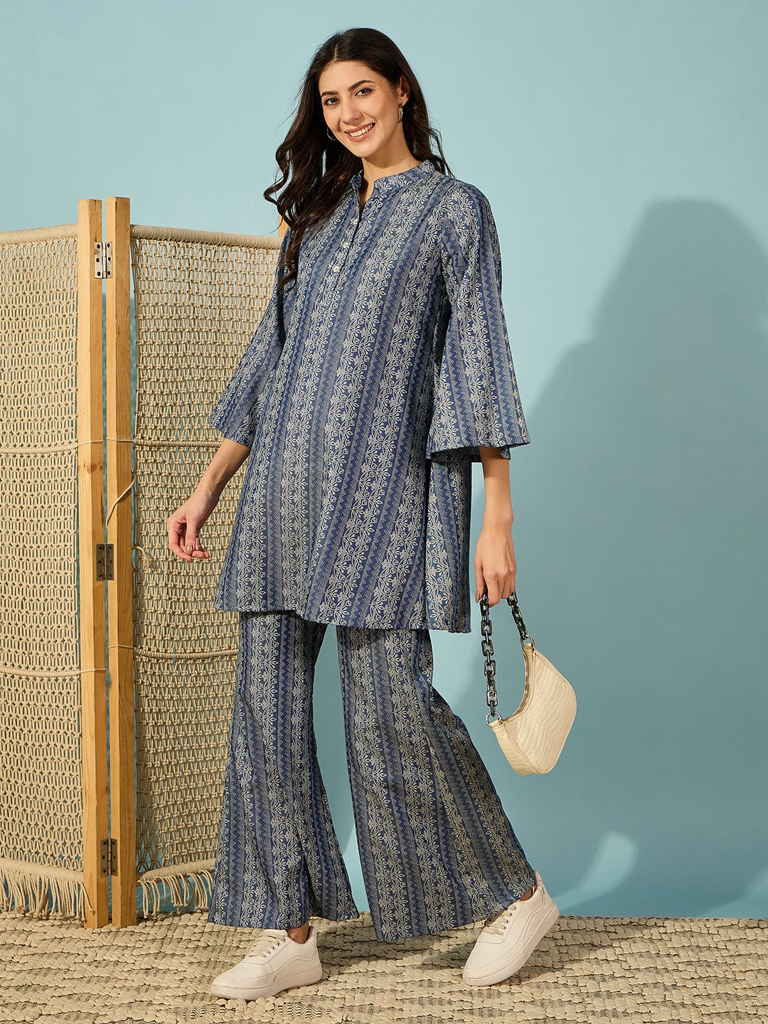 The Kaftan Company Co-ord Set Blue Floral Printed Cotton Coord Set with Flared Sleeves