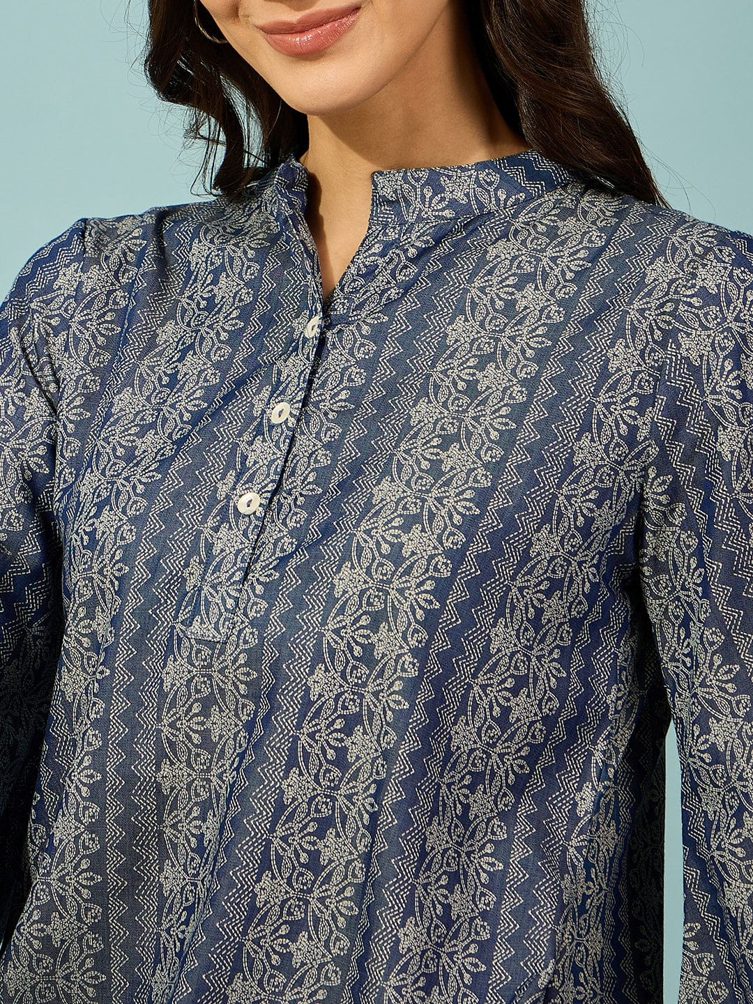 The Kaftan Company Co-ord Set Blue Floral Printed Cotton Coord Set with Flared Sleeves