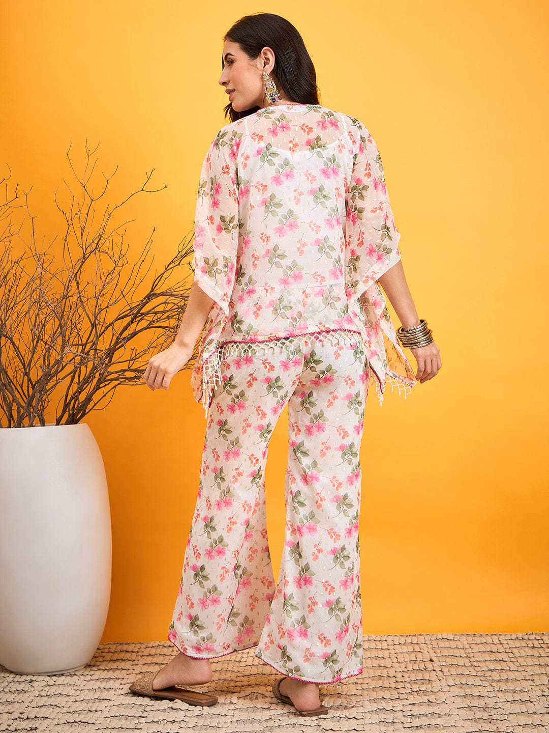 The Kaftan Company Co-ord Subtle White Floral Festive Co-ord set