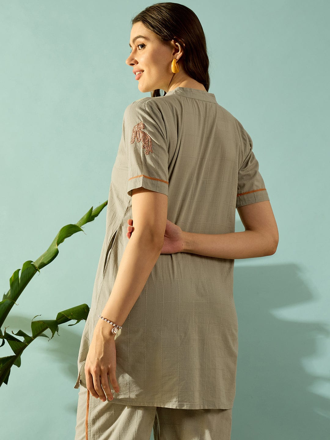 The Kaftan Company Co-ord Tiger Embroidered Olive Green Cotton Coord Set