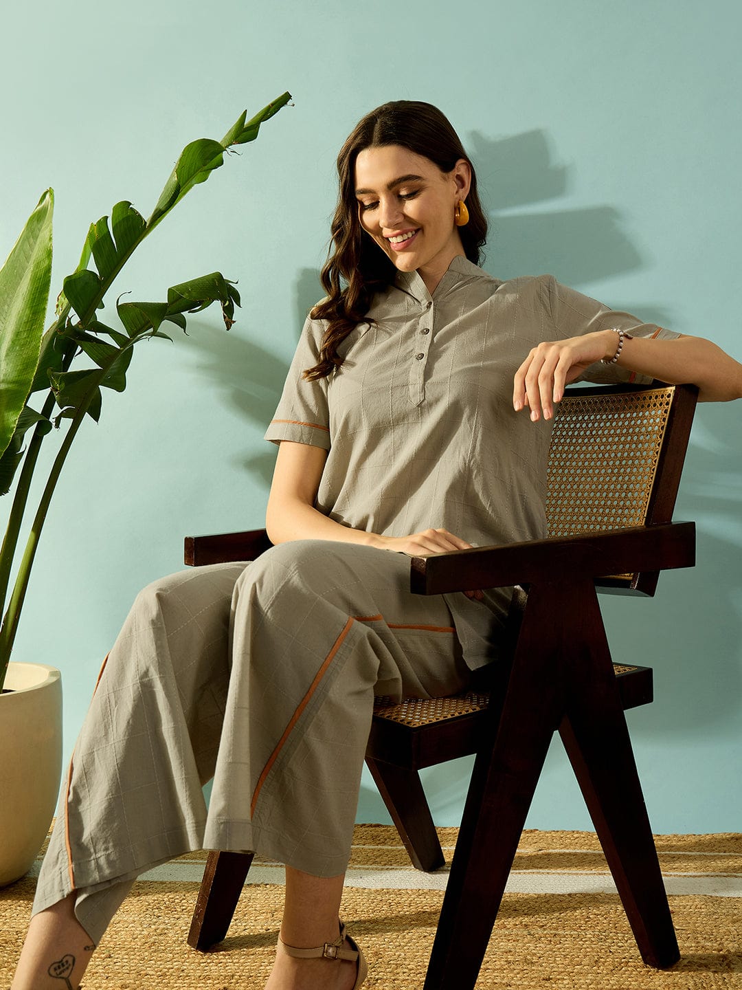 The Kaftan Company Co-ord Tiger Embroidered Olive Green Cotton Coord Set