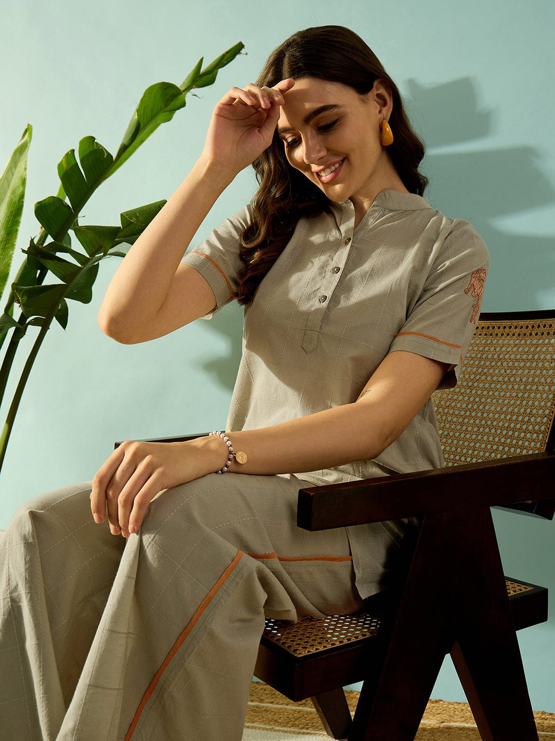 The Kaftan Company Co-ord Tiger Embroidered Olive Green Cotton Coord Set