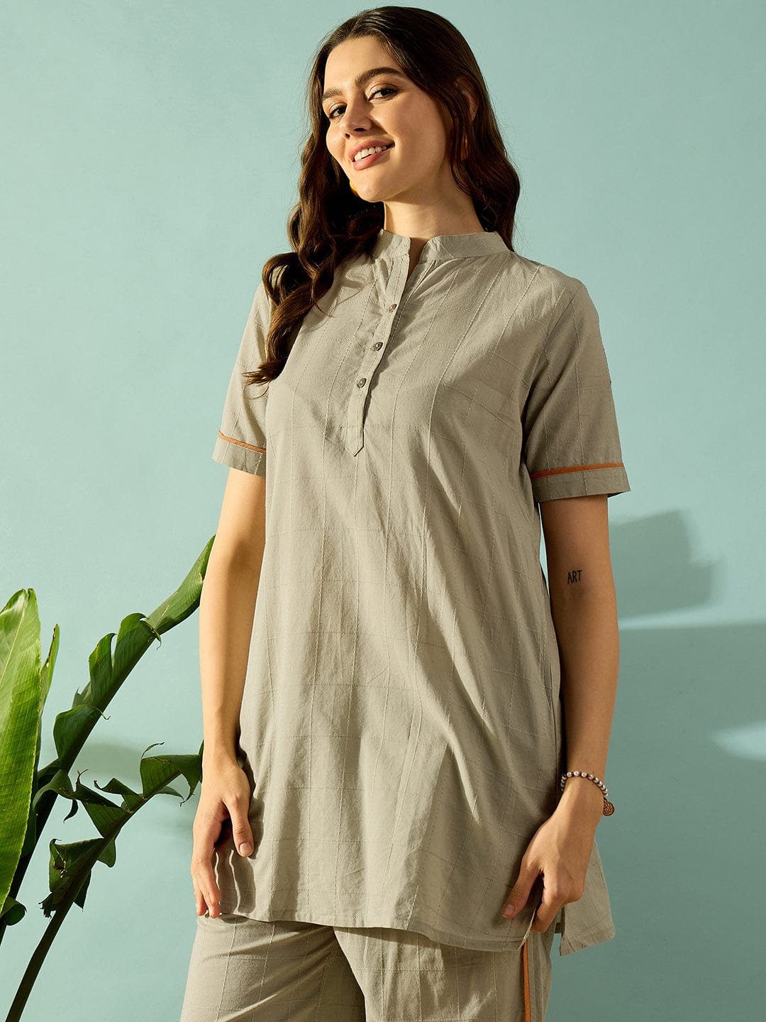 The Kaftan Company Co-ord Tiger Embroidered Olive Green Cotton Coord Set