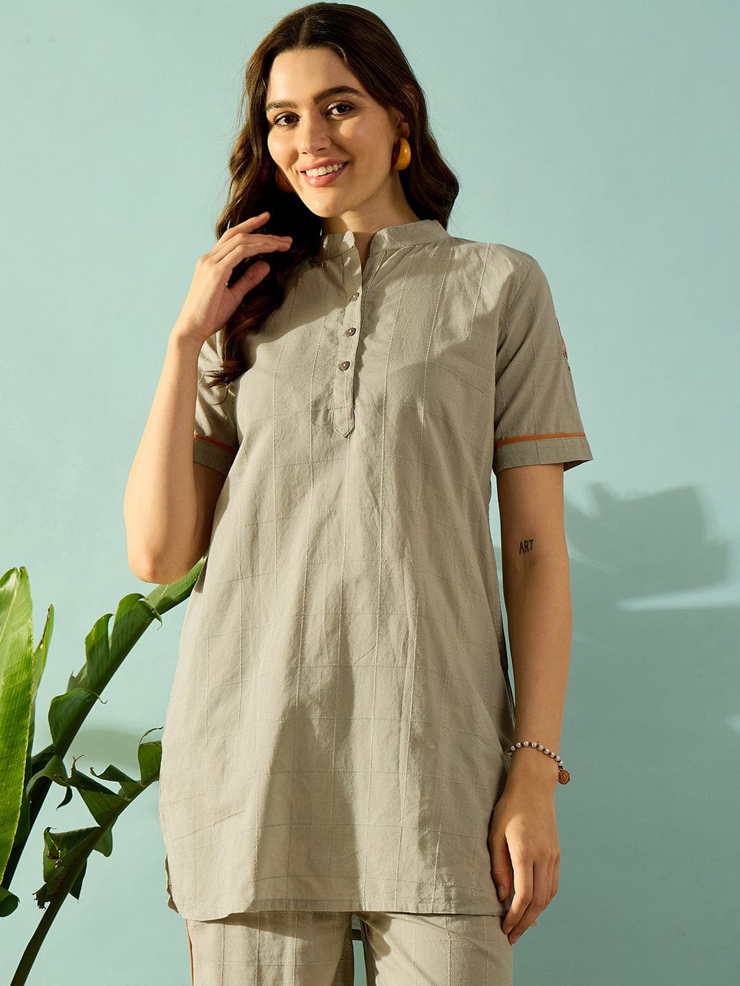 The Kaftan Company Co-ord Tiger Embroidered Olive Green Cotton Coord Set