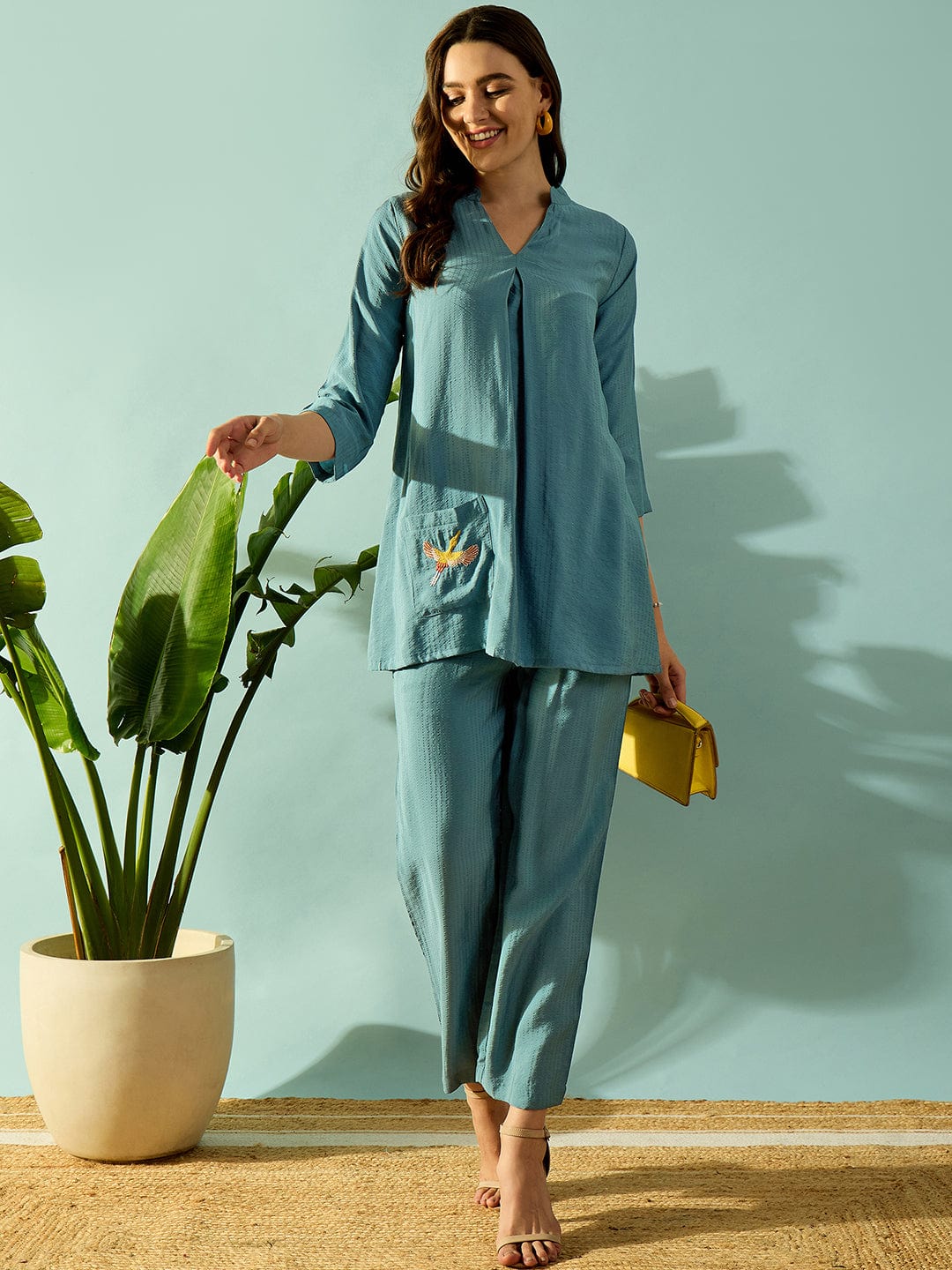 The Kaftan Company Co-ord Turquoise Bird Embroidered Cotton Coord set