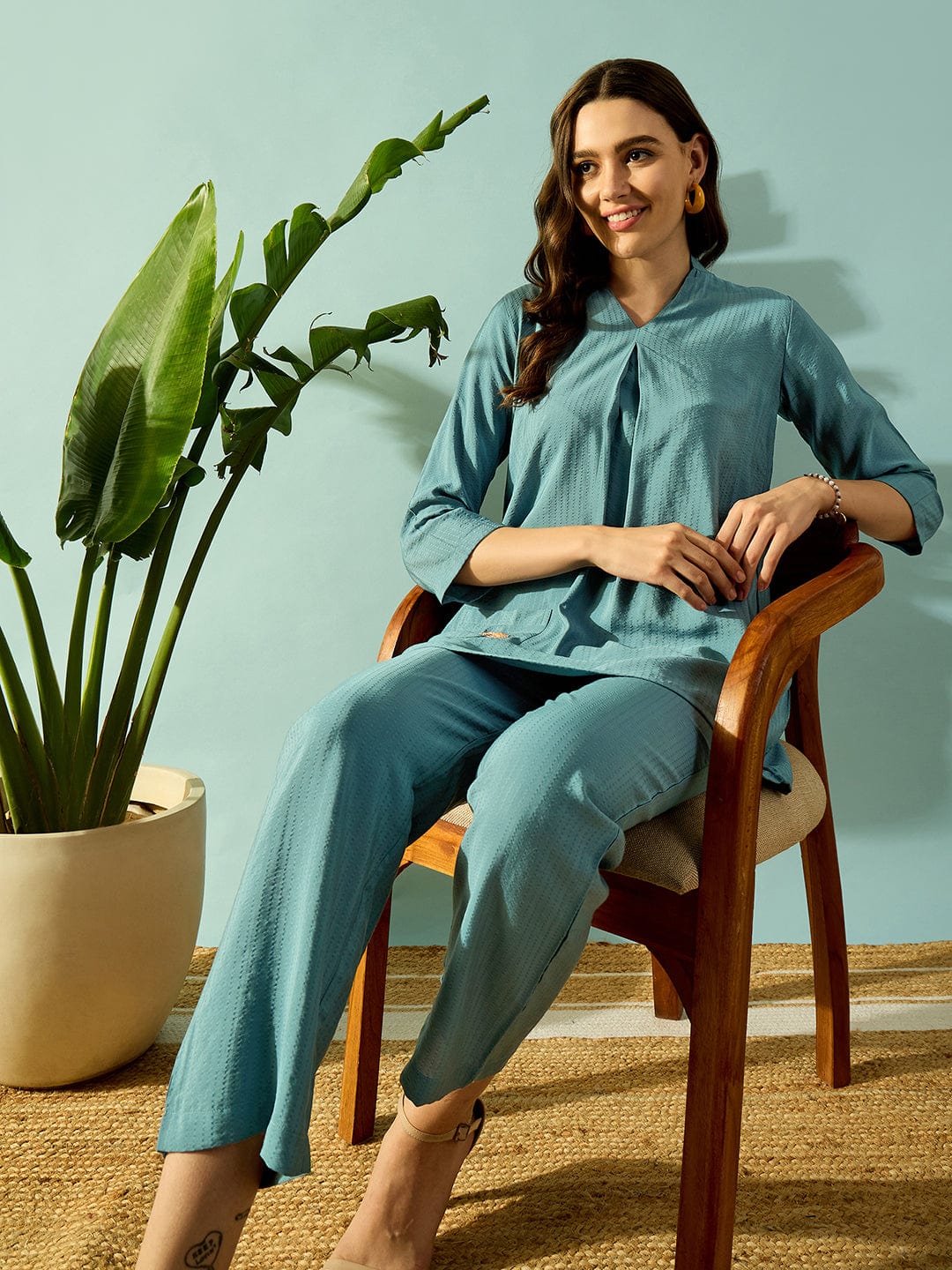 The Kaftan Company Co-ord Turquoise Bird Embroidered Cotton Coord set