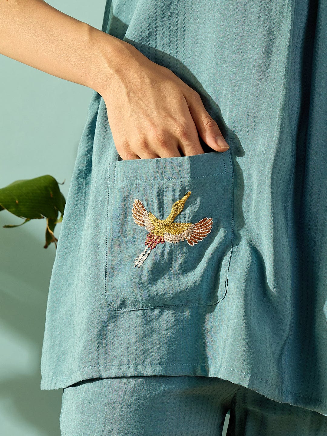 The Kaftan Company Co-ord Turquoise Bird Embroidered Cotton Coord set