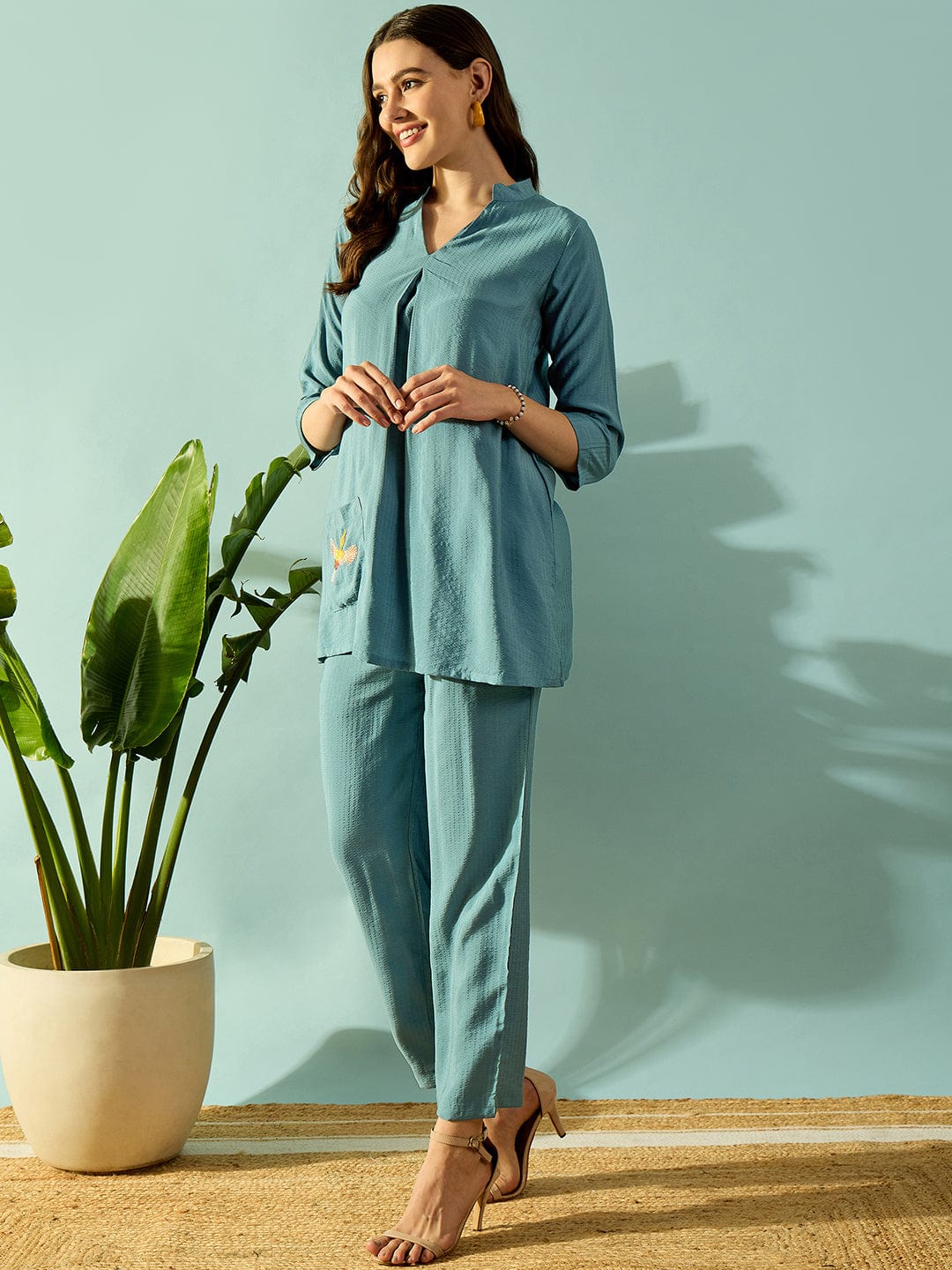 The Kaftan Company Co-ord Turquoise Bird Embroidered Cotton Coord set