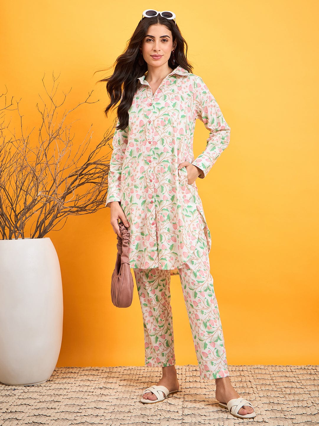 The Kaftan Company Co-ord White Strawberry Vines Co-ord Set