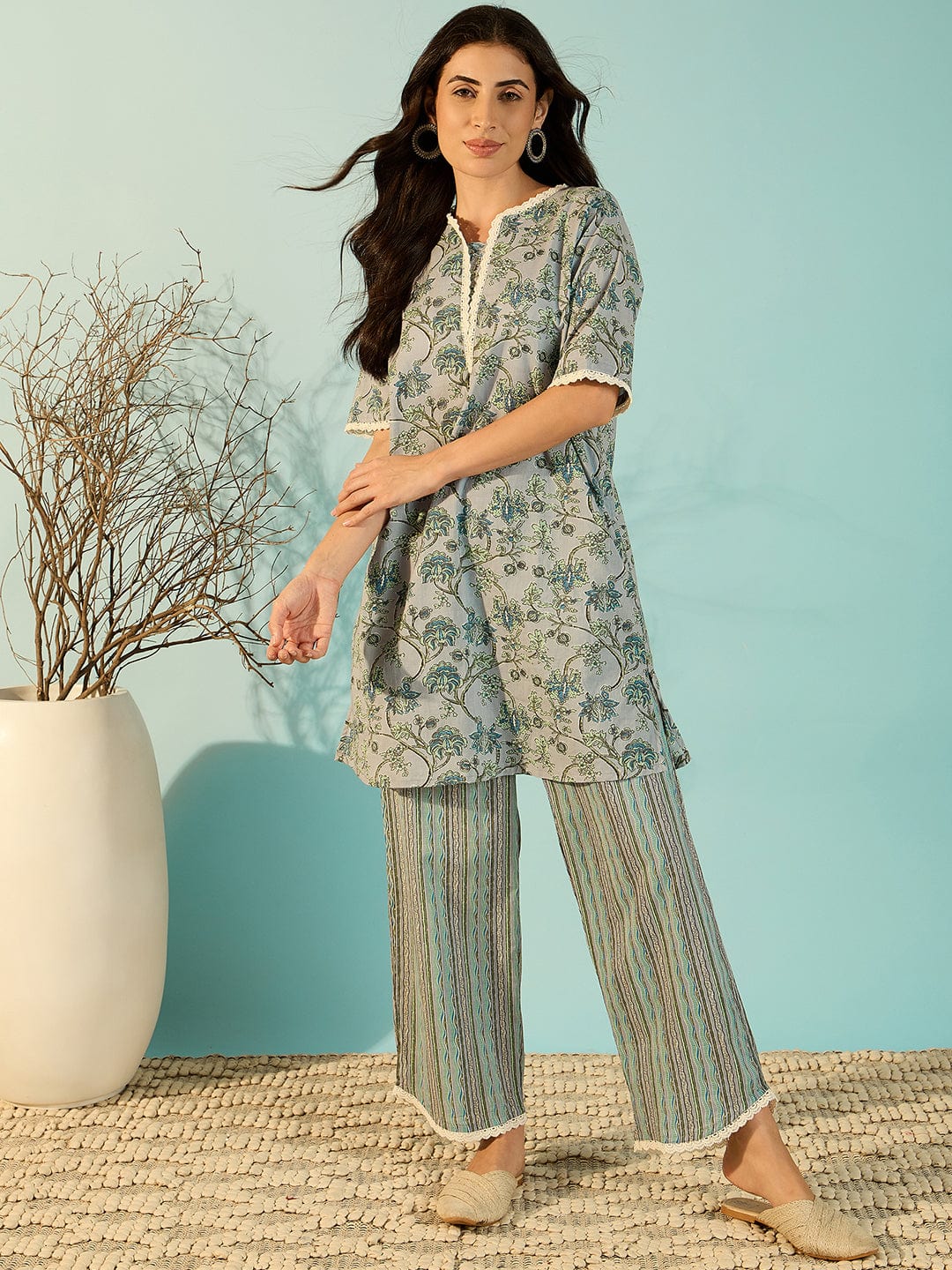 The Kaftan Company Co-ord Women Chalk Blue Floral Patterned Cotton Co-Ord Set