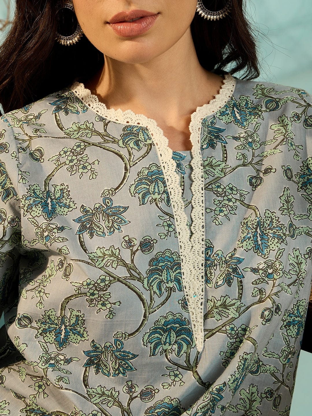 The Kaftan Company Co-ord Women Chalk Blue Floral Patterned Cotton Co-Ord Set