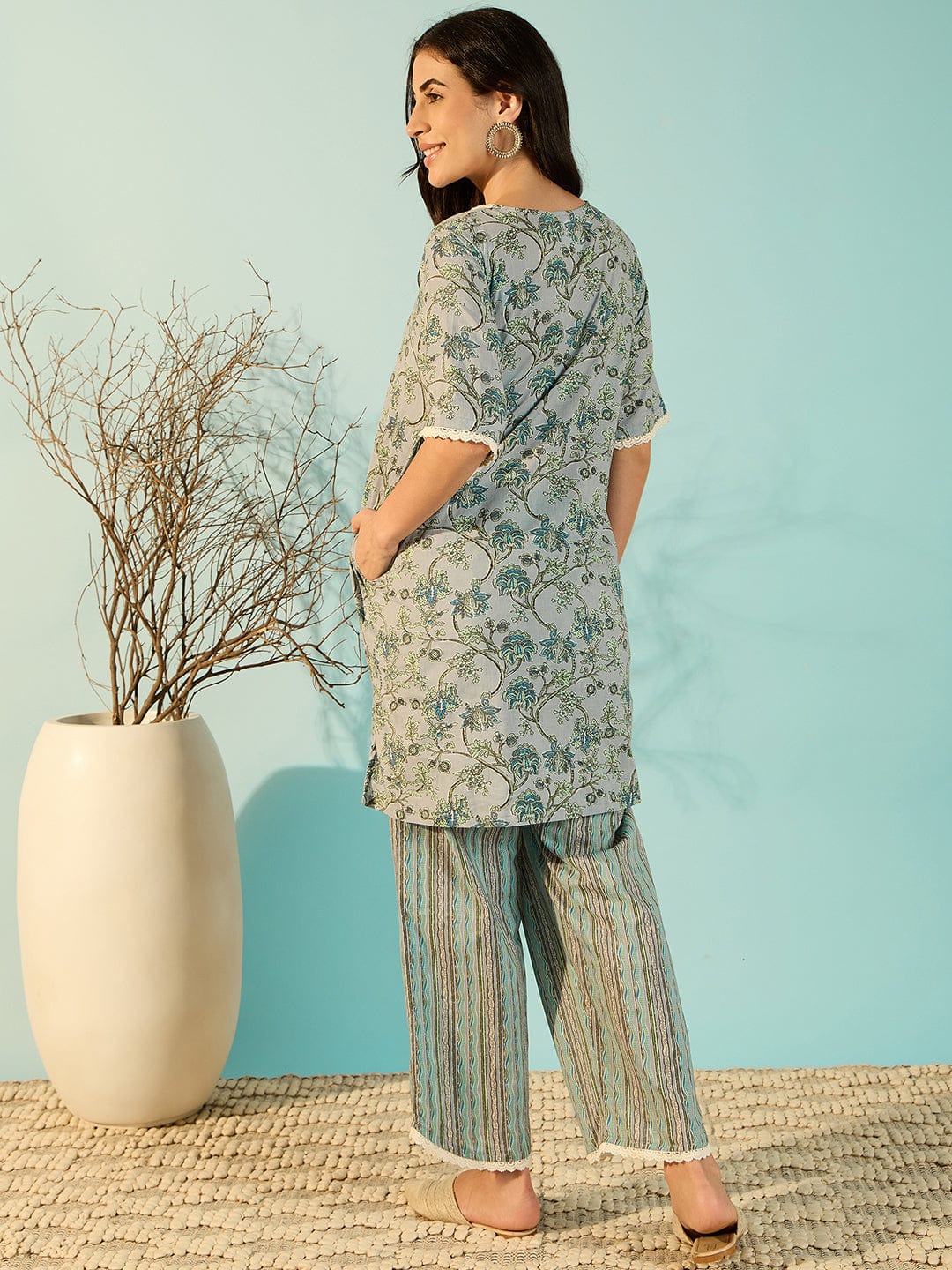 The Kaftan Company Co-ord Women Chalk Blue Floral Patterned Cotton Co-Ord Set