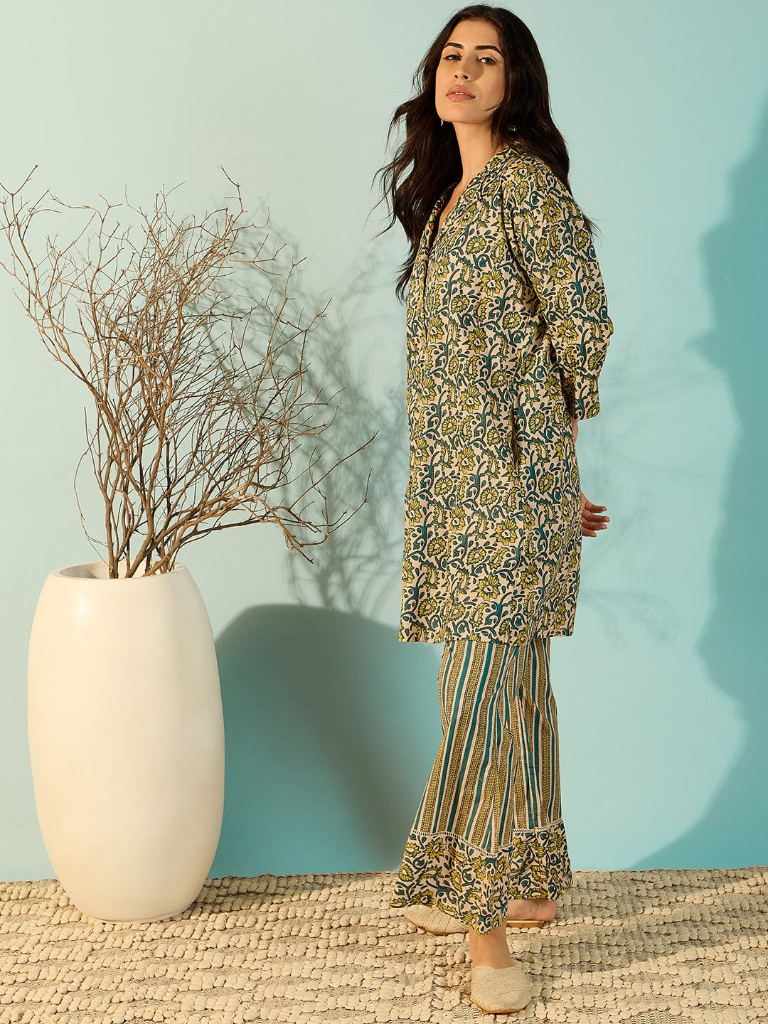 The Kaftan Company Co-ord Women Flora Stylish Cotton Shirt And Pant Co-Ord Set