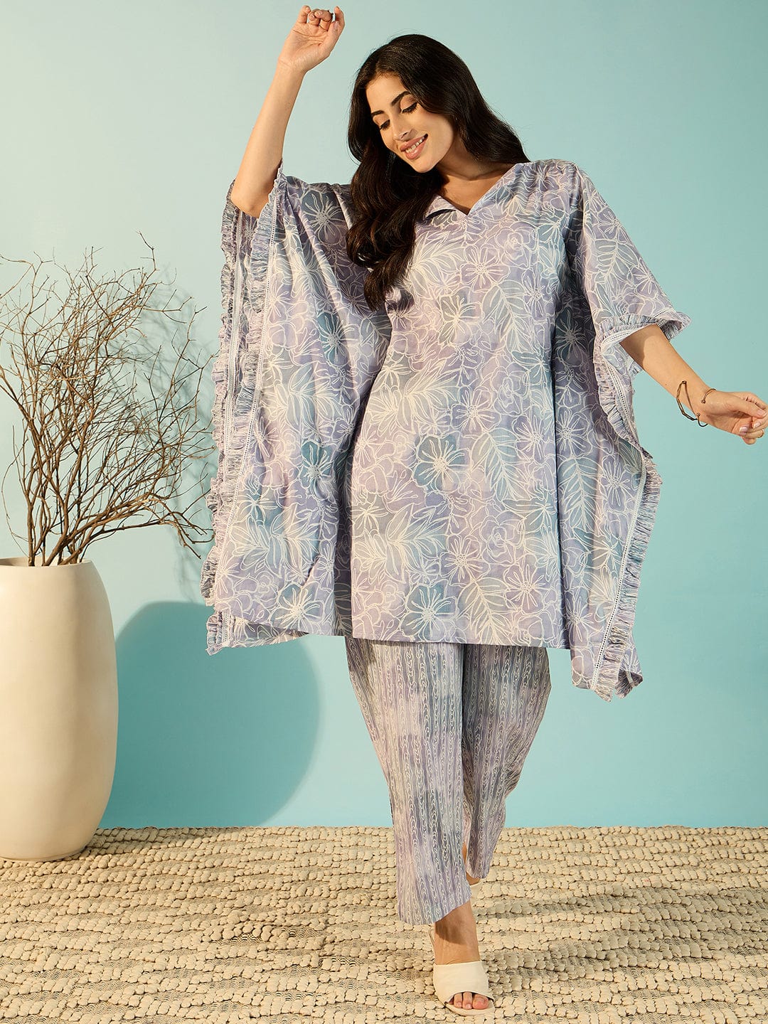 The Kaftan Company Co-ord Women Lilac Artisan Print Cotton Kaftan Style Co-Ord Set