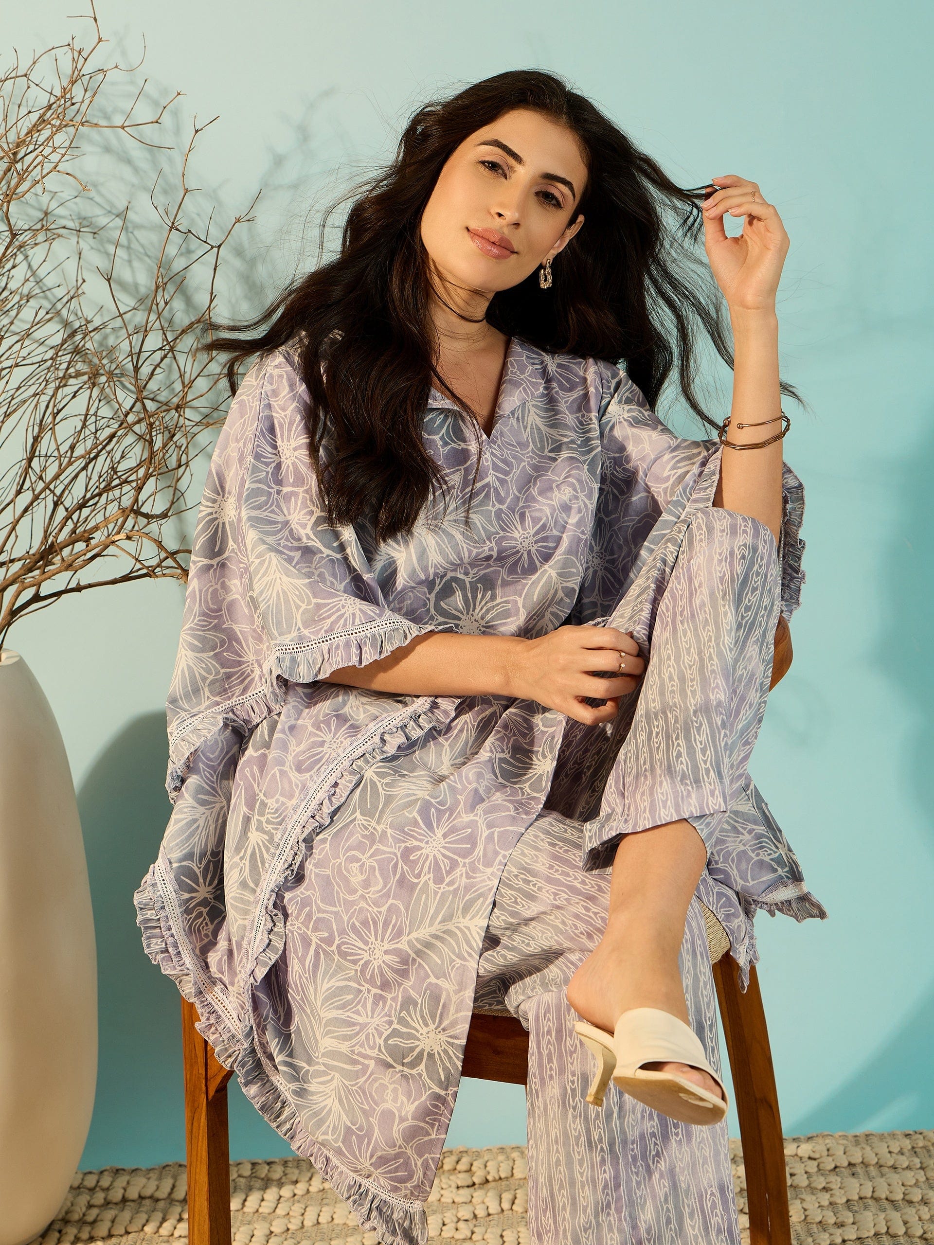 The Kaftan Company Co-ord Women Lilac Artisan Print Cotton Kaftan Style Co-Ord Set