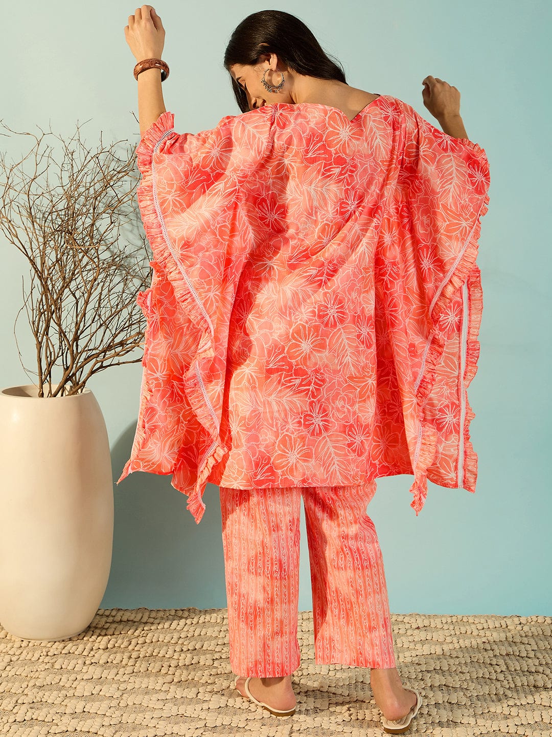 The Kaftan Company Co-ord Women Peach Artisan Print Cotton Kaftan Style Co-Ord Set