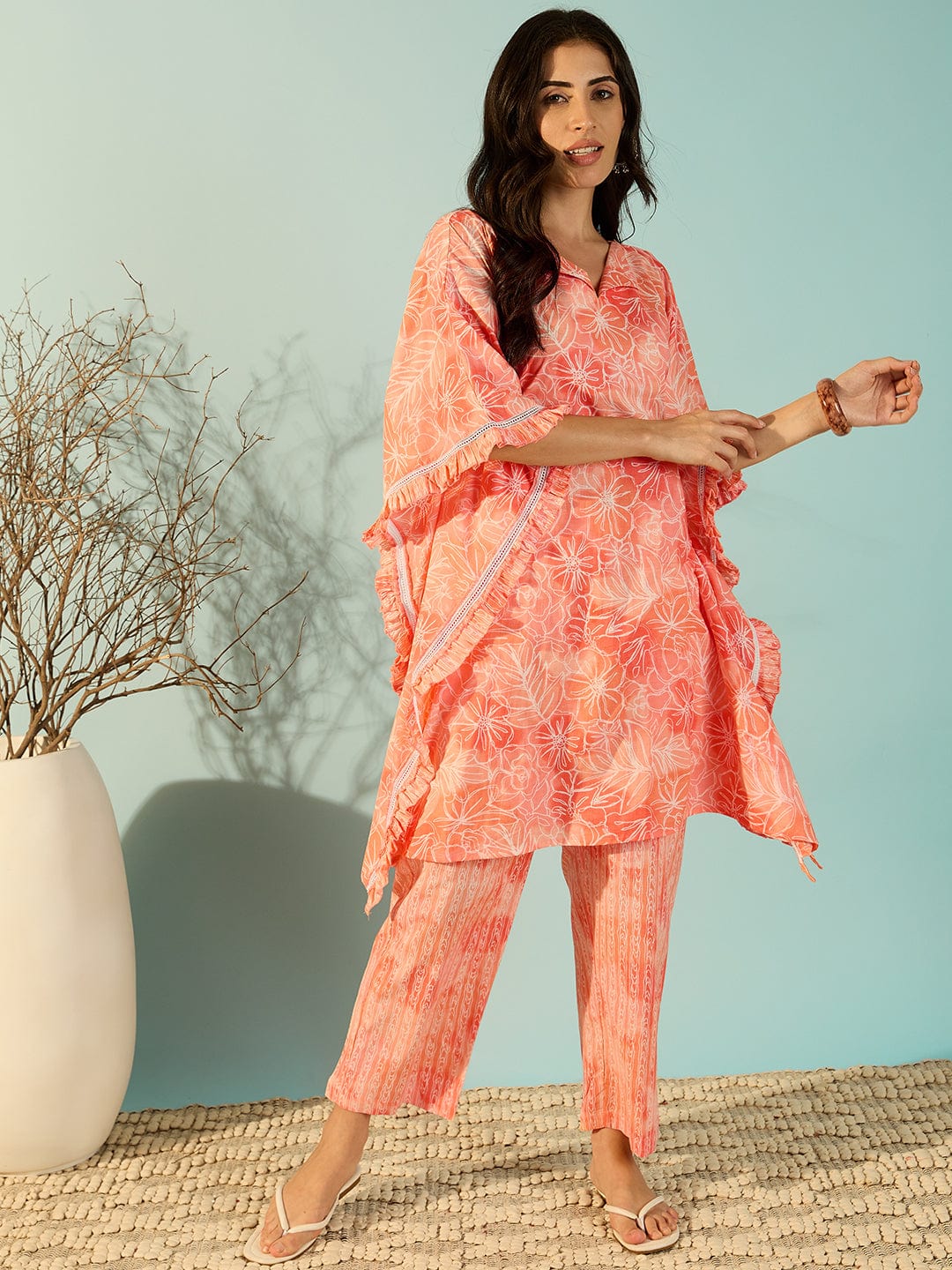 The Kaftan Company Co-ord Women Peach Artisan Print Cotton Kaftan Style Co-Ord Set