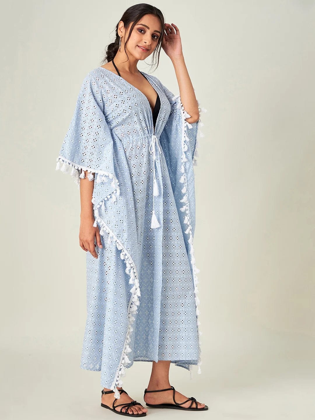 The Kaftan Company Cover-Up Blue Flora Schiffli Resort Kaftan