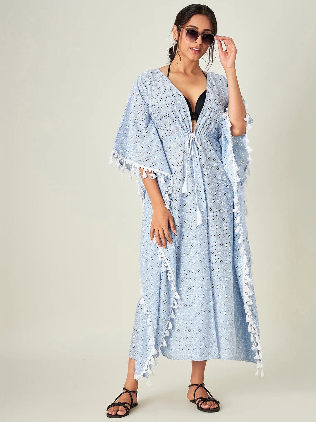 The Kaftan Company Cover-Up Blue Flora Schiffli Resort Kaftan