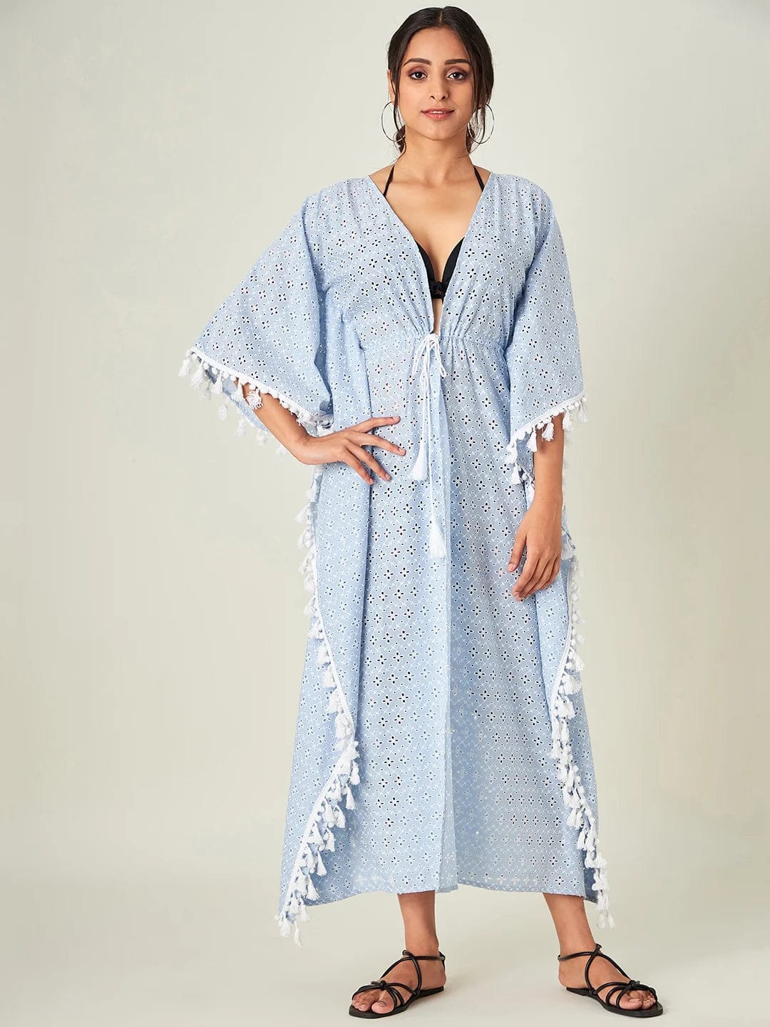 The Kaftan Company Cover-Up Blue Flora Schiffli Resort Kaftan