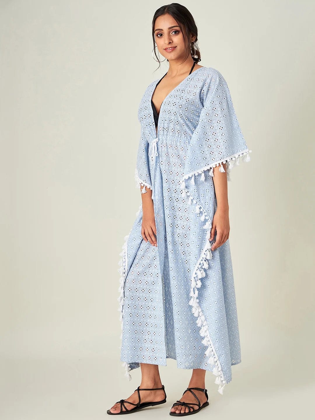 The Kaftan Company Cover-Up Blue Flora Schiffli Resort Kaftan