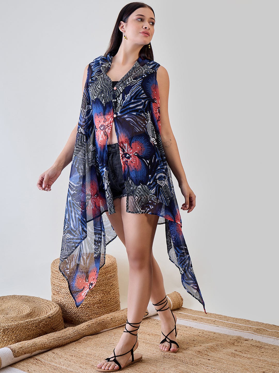 The Kaftan Company Cover-Up Navy Blue Shibori Printed Georgette Sheer Resort Cover Up