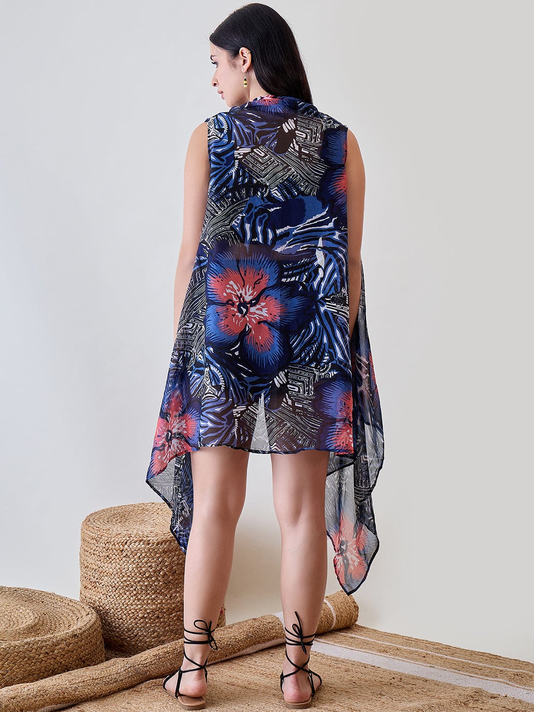 The Kaftan Company Cover-Up Navy Blue Shibori Printed Georgette Sheer Resort Cover Up