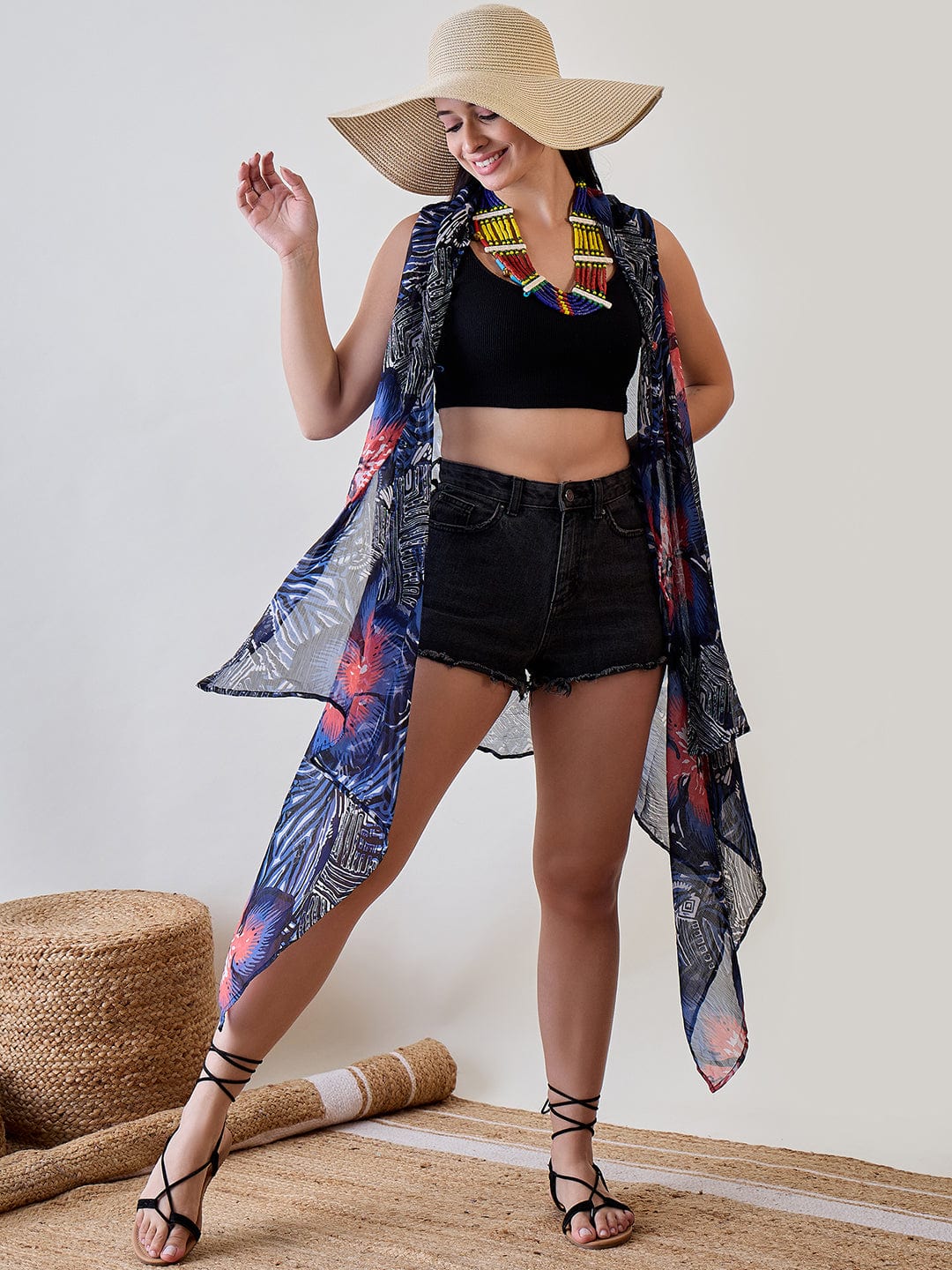 The Kaftan Company Cover-Up Navy Blue Shibori Printed Georgette Sheer Resort Cover Up