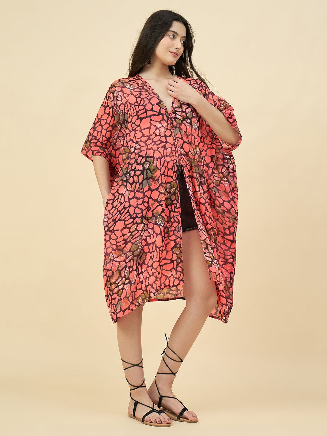 The Kaftan Company Cover-Up OneSize Women's Coral Abstract Printed Front-Open Cotton Kaftan