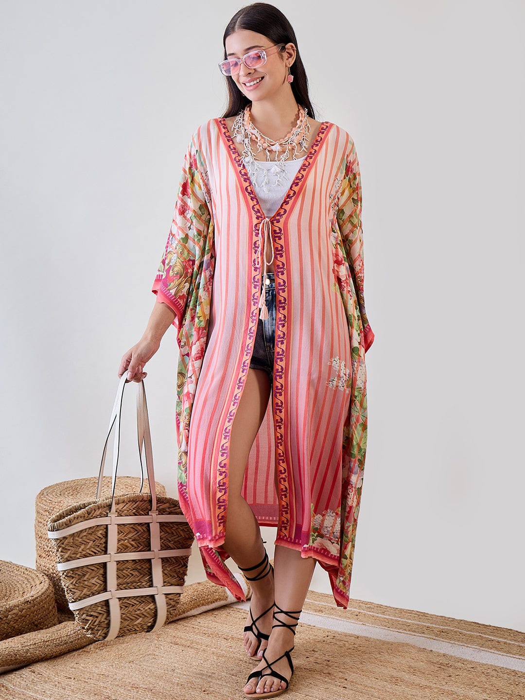 The Kaftan Company Cover-Up Orange Abstract Striped Viscose Kaftan Resort Coverup