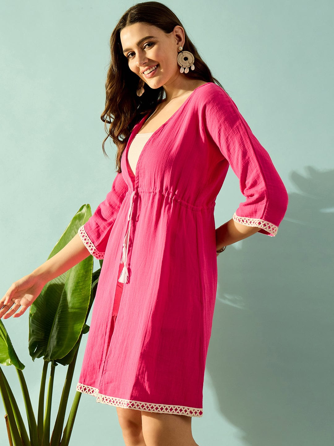 The Kaftan Company Cover-Up Pink Cotton Laced Up Resort Wear Coverup