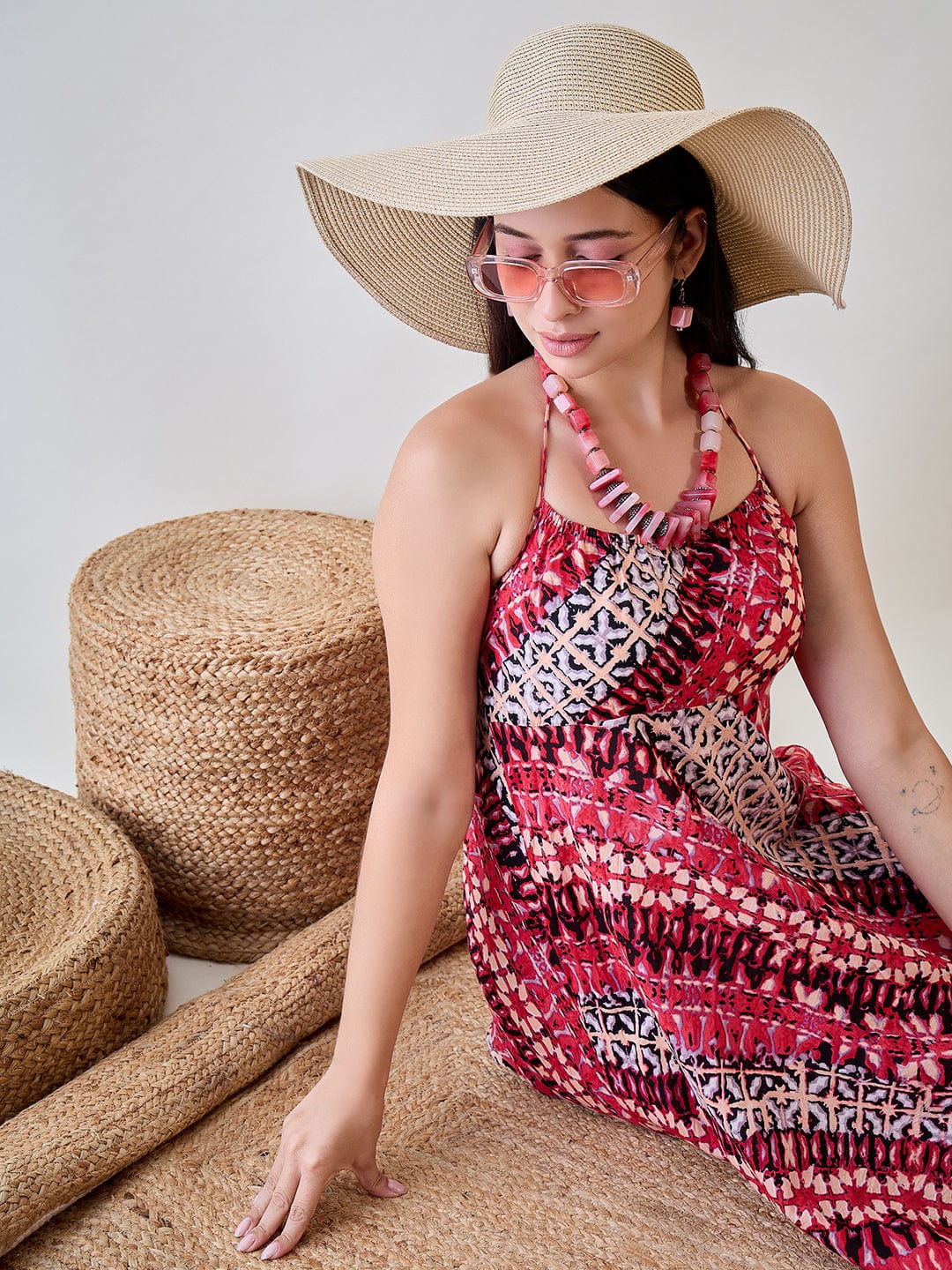The Kaftan Company Cover-Up Shibori Printed Pink Viscose Resort Wear Dress