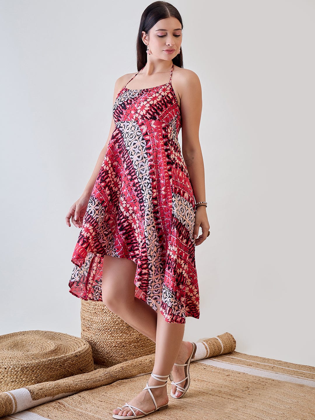 The Kaftan Company Cover-Up Shibori Printed Pink Viscose Resort Wear Dress