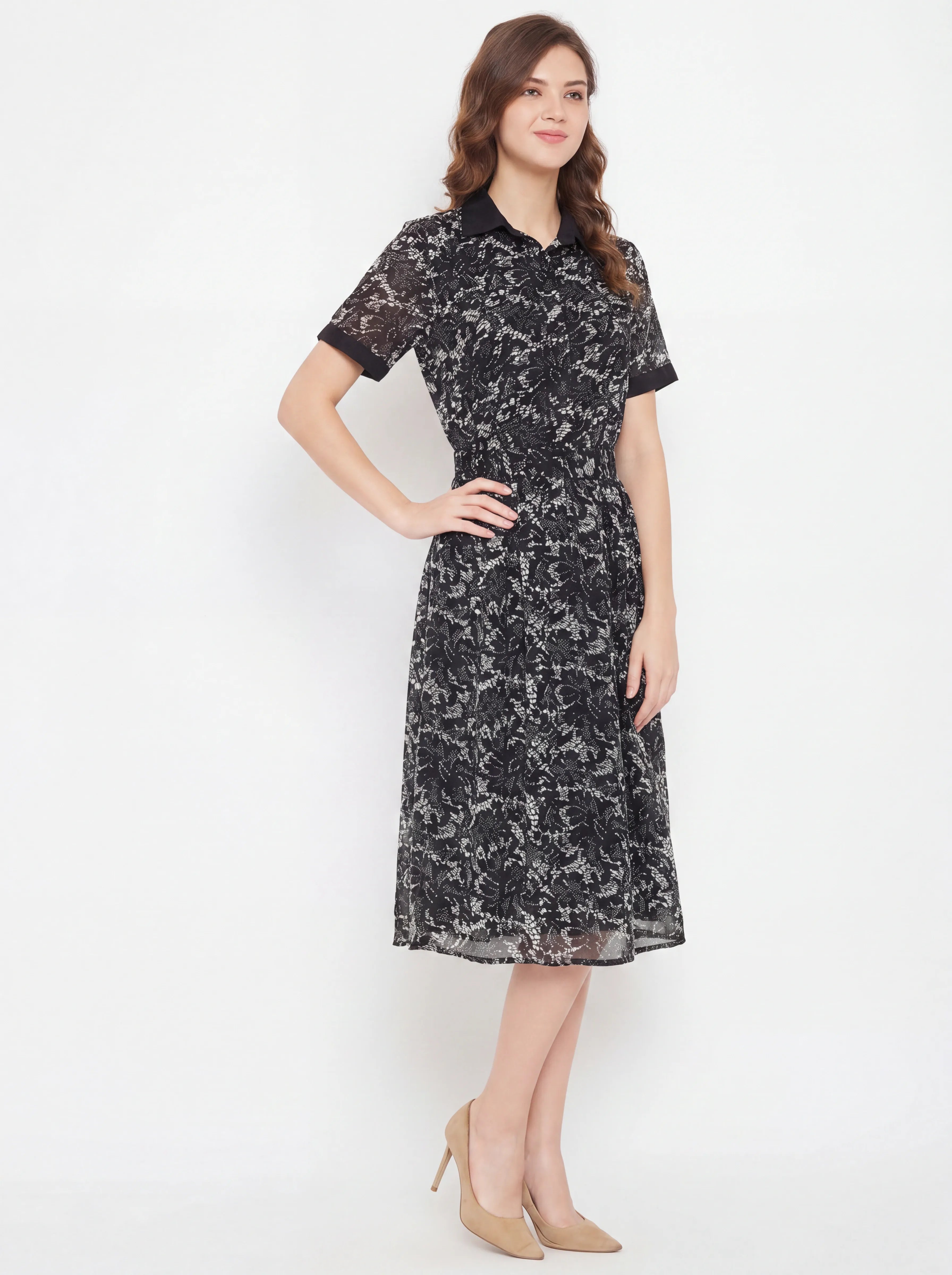 The Kaftan Company Dress Black Lace Print Georgette Shirt Dress