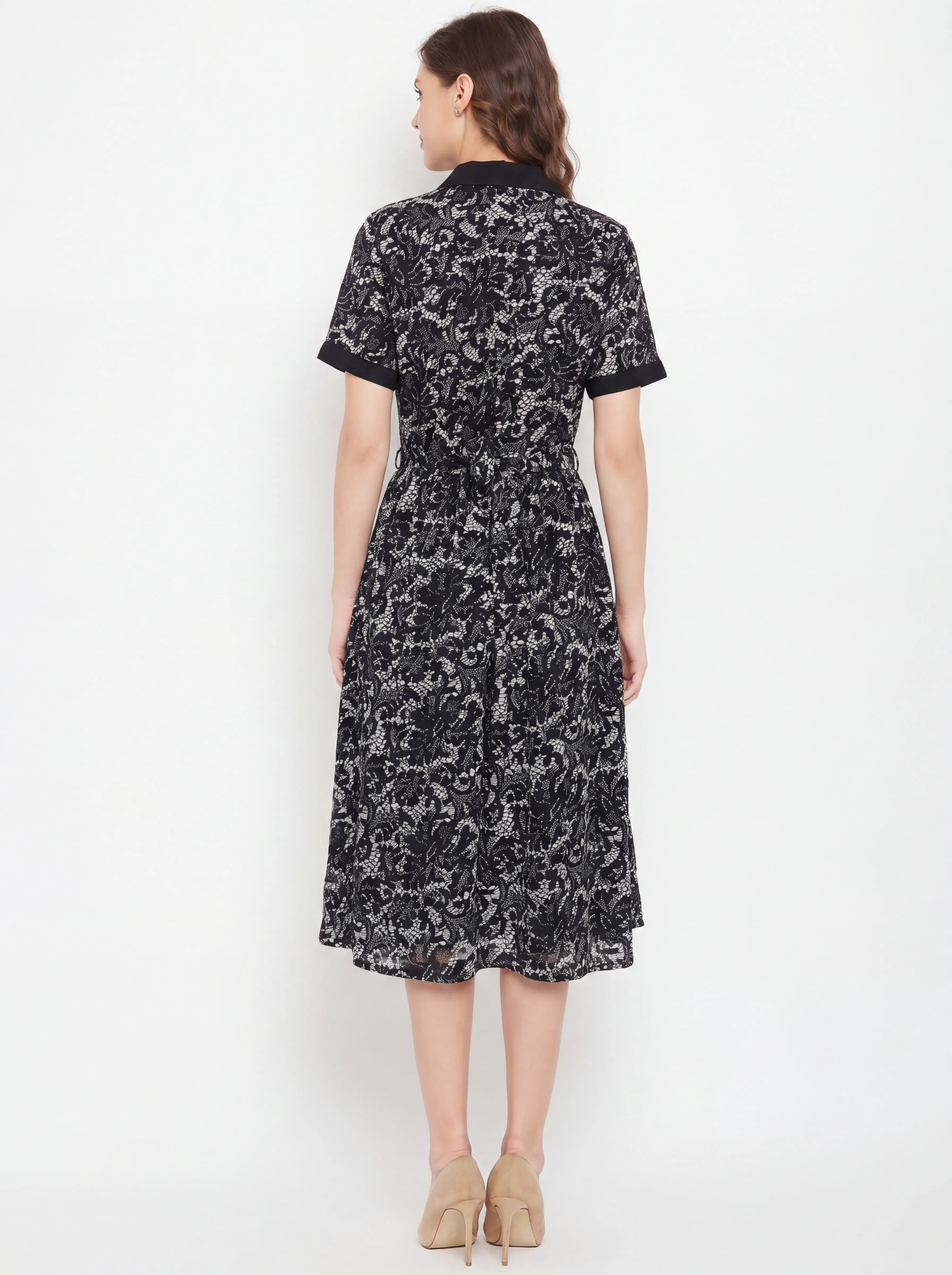 The Kaftan Company Dress Black Lace Print Georgette Shirt Dress