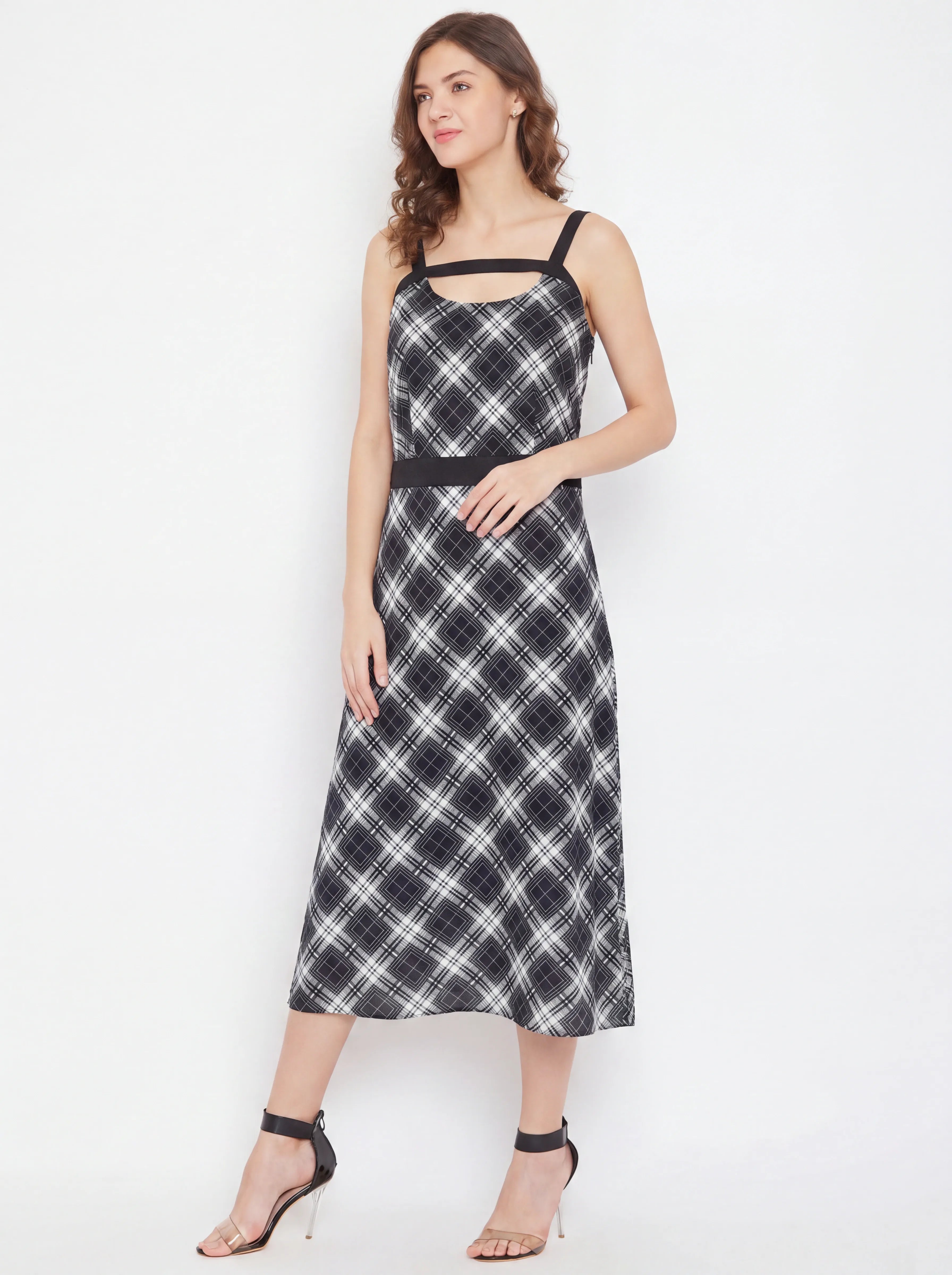 The Kaftan Company Dress Black White Check Print Polyester Crepe Midi Dress