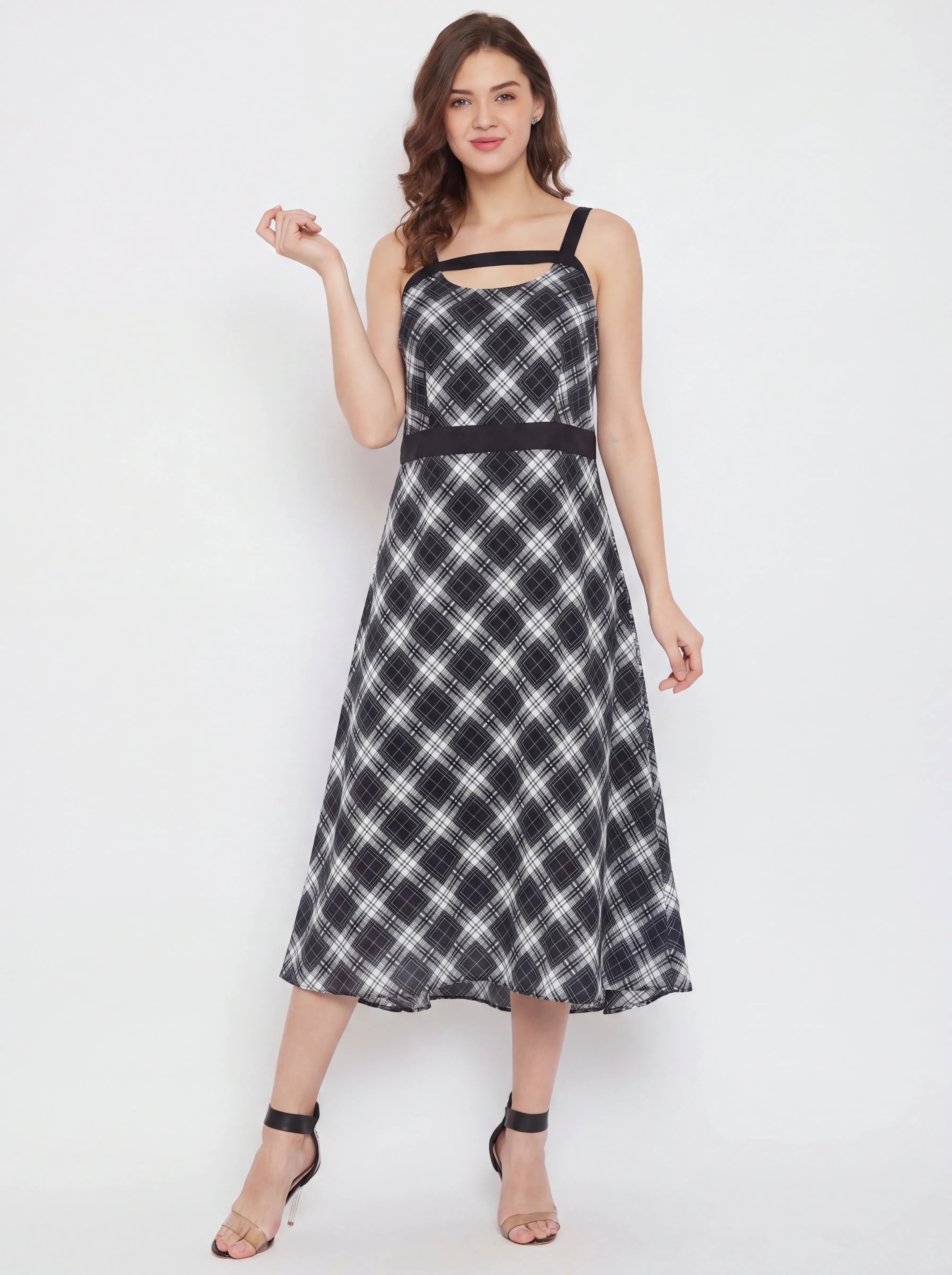 The Kaftan Company Dress Black White Check Print Polyester Crepe Midi Dress