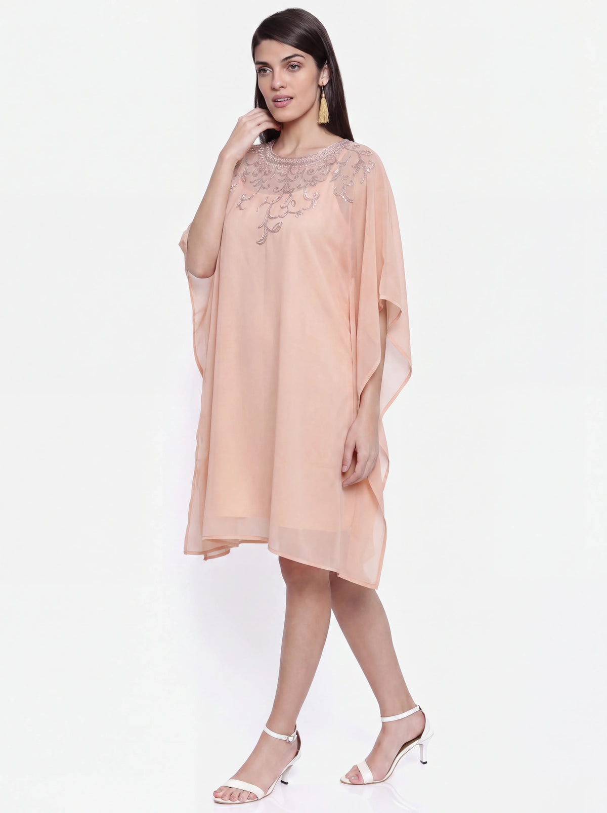 The Kaftan Company Dress Peach Hand Embroidered Georgette Kaftan Dress