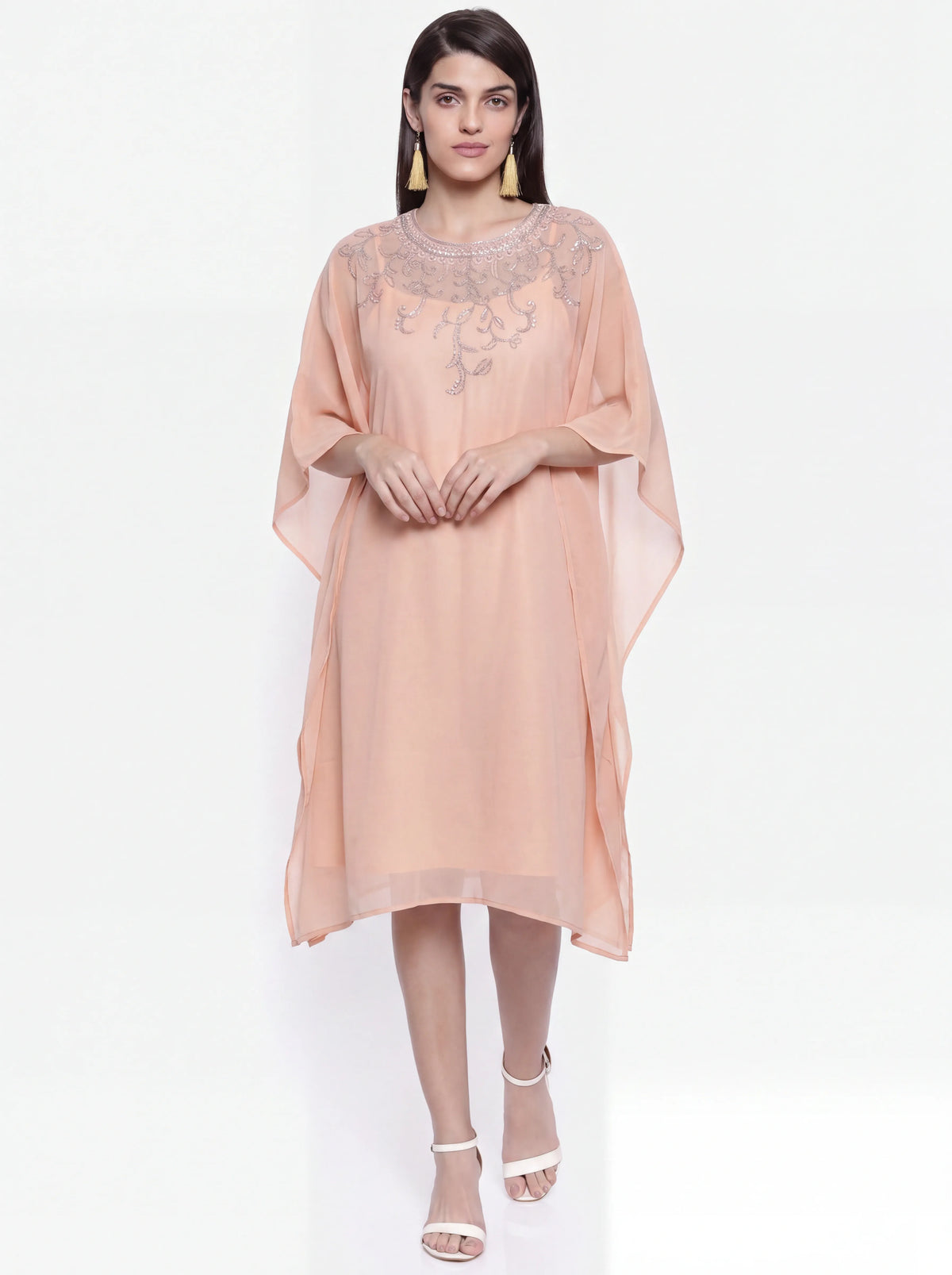 The Kaftan Company Dress Peach Hand Embroidered Georgette Kaftan Dress