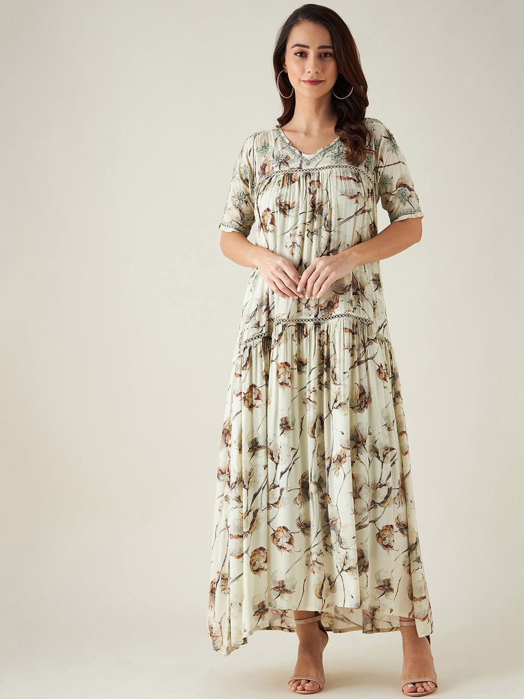 The Kaftan Company Dresses Beige and Green Floral Print Hand Embroidered Dress