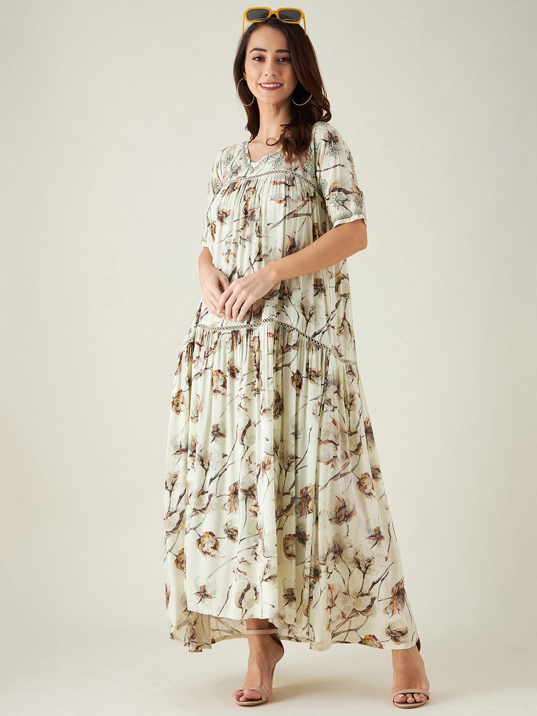 The Kaftan Company Dresses Beige and Green Floral Print Hand Embroidered Dress