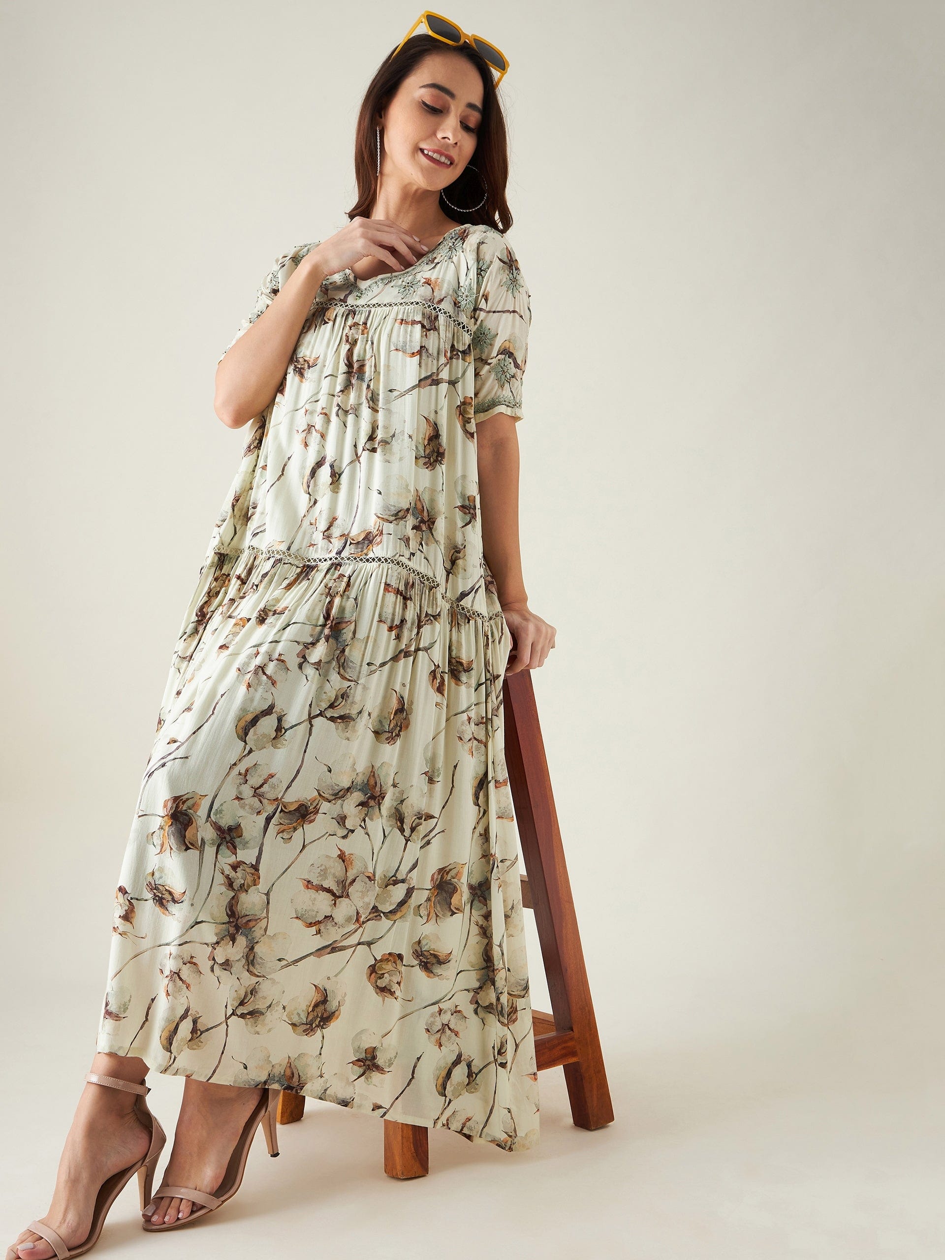 The Kaftan Company Dresses Beige and Green Floral Print Hand Embroidered Dress