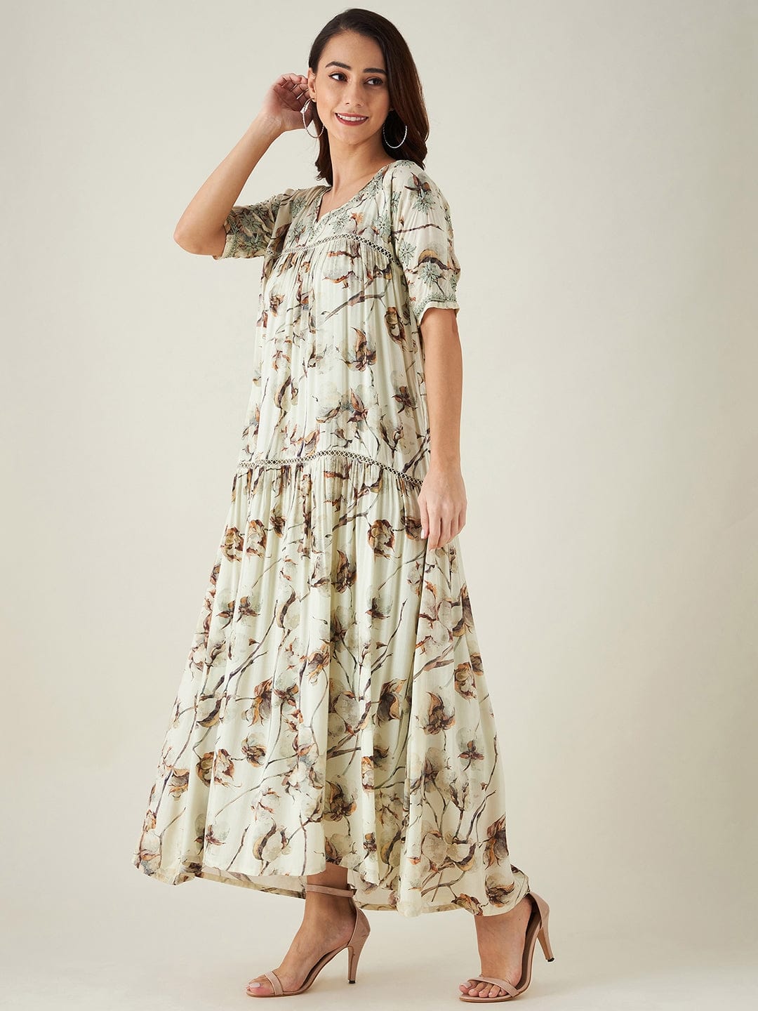 The Kaftan Company Dresses Beige and Green Floral Print Hand Embroidered Dress