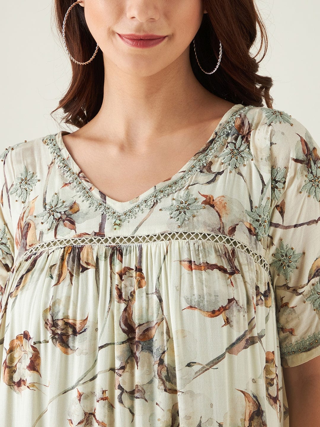 The Kaftan Company Dresses Beige and Green Floral Print Hand Embroidered Dress