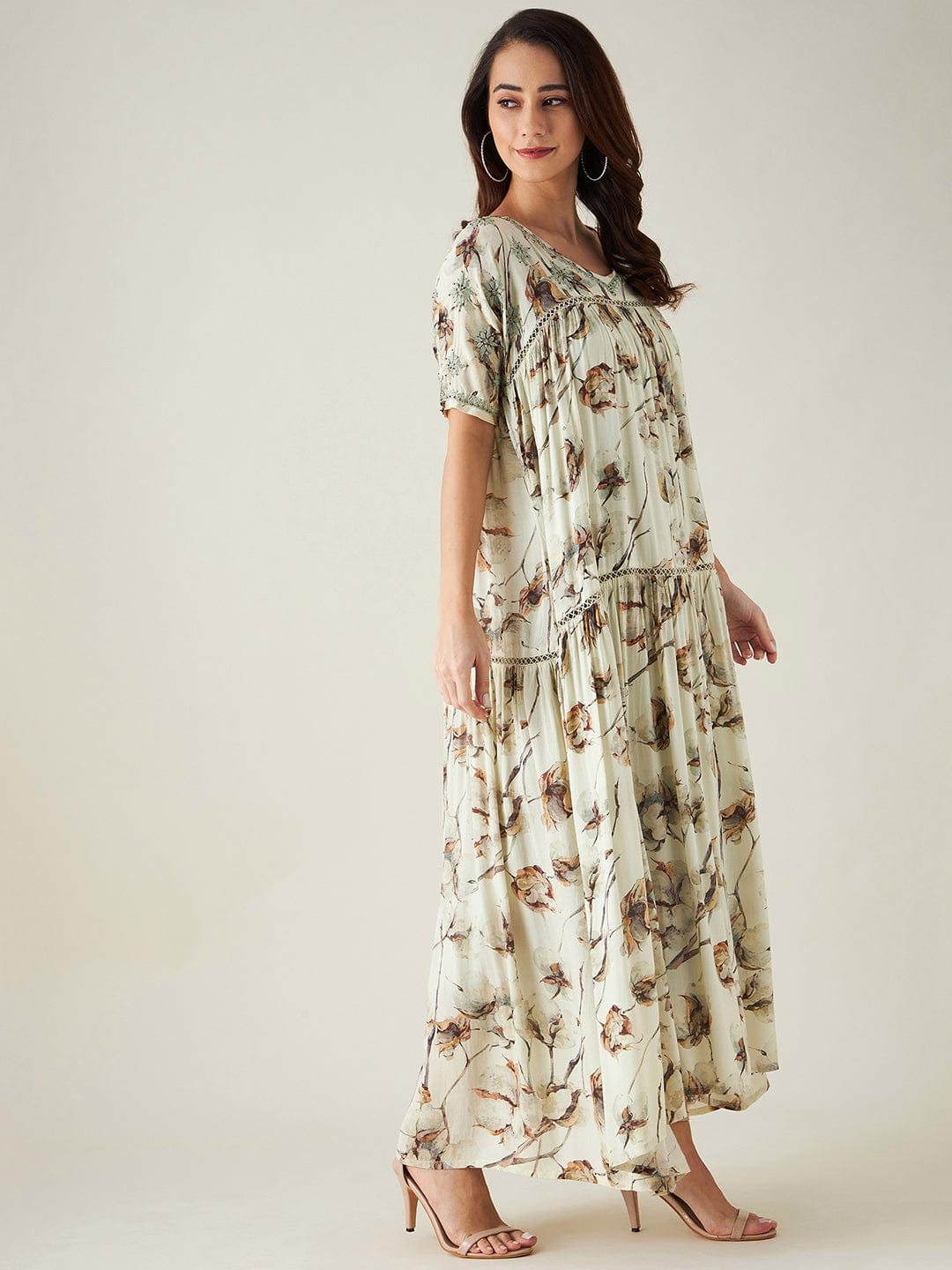 The Kaftan Company Dresses Beige and Green Floral Print Hand Embroidered Dress