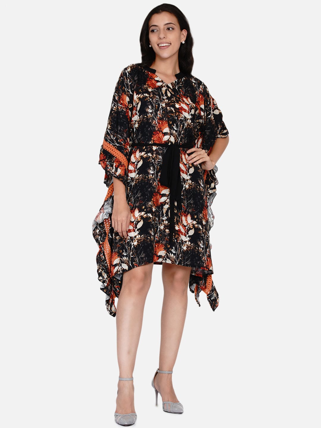The Kaftan Company Dresses Black and Orange Brushed Floral Kaftan Dress with Belt